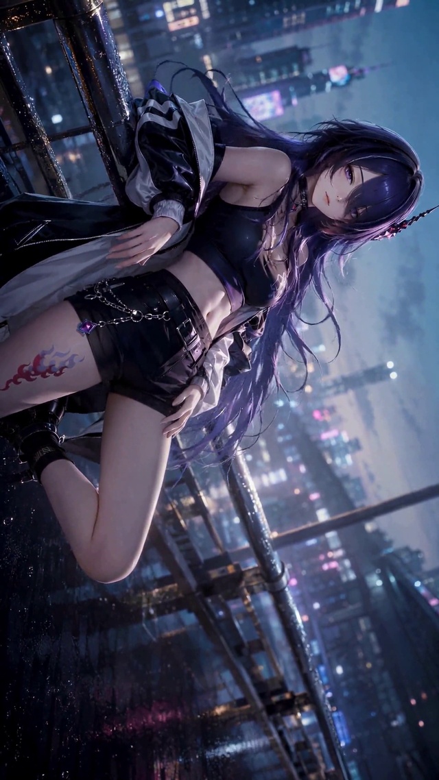 赛博雨夜都市紫发美少女