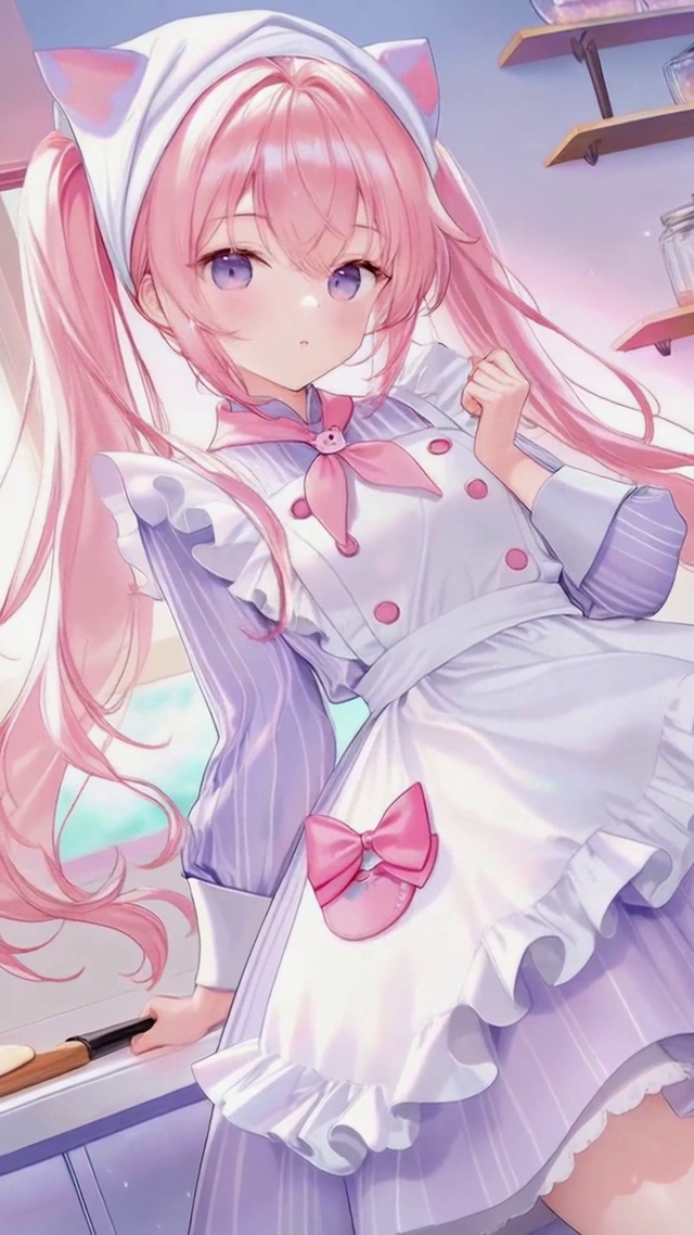 软萌粉发厨房女仆少女