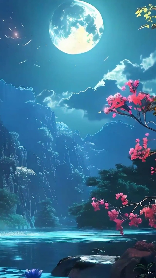 夜景树木河流