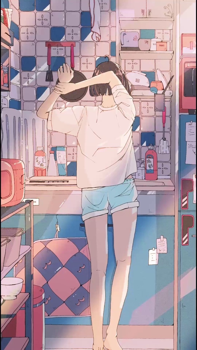 清晨短发女友背影