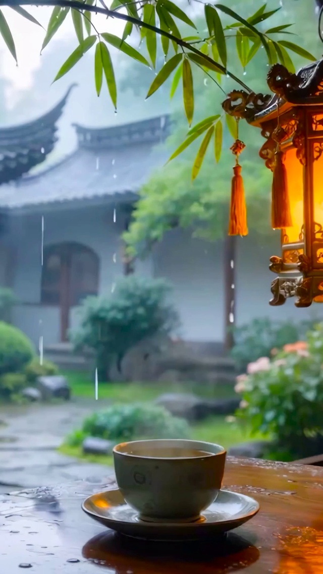 国风庭院雨景