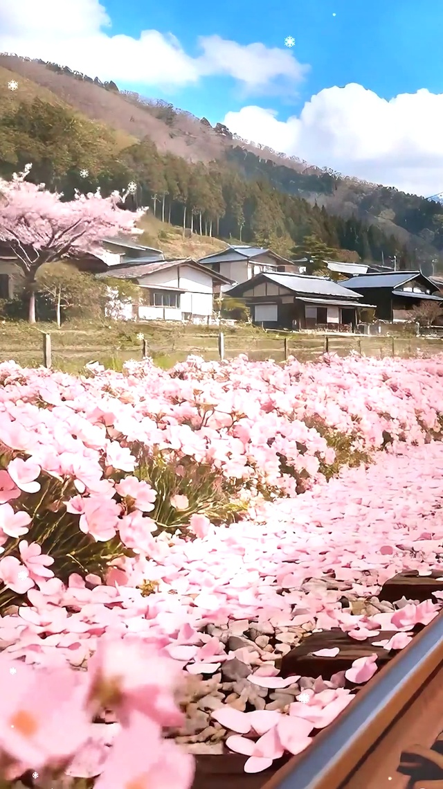 雪山樱花树木房屋