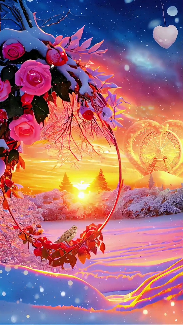 夕阳下的雪中玫瑰