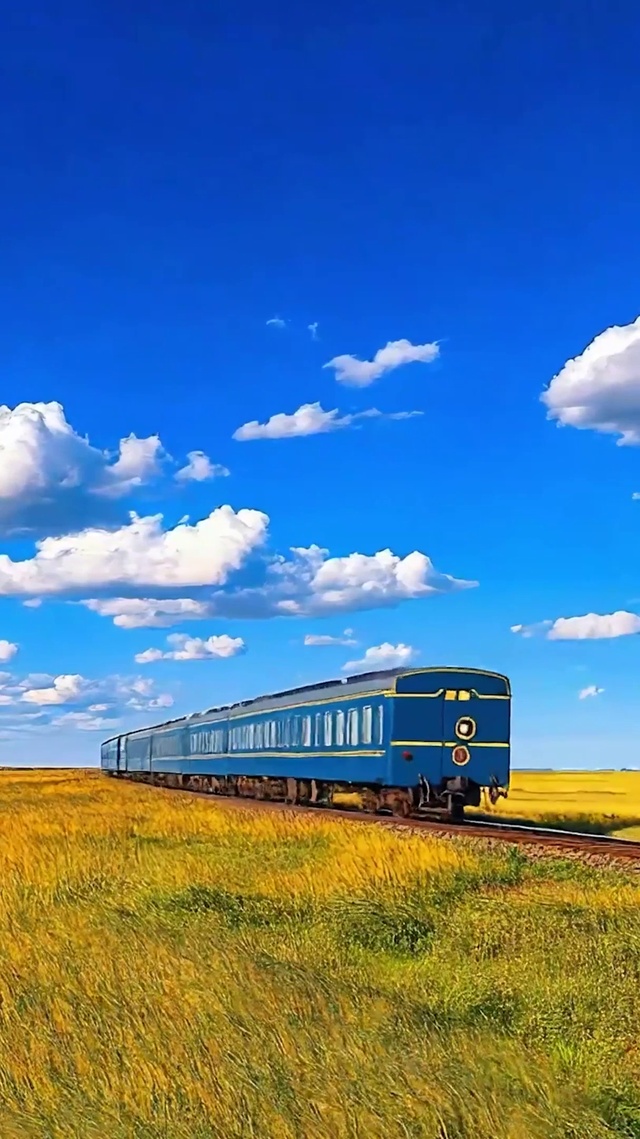 蓝天白云火车树木