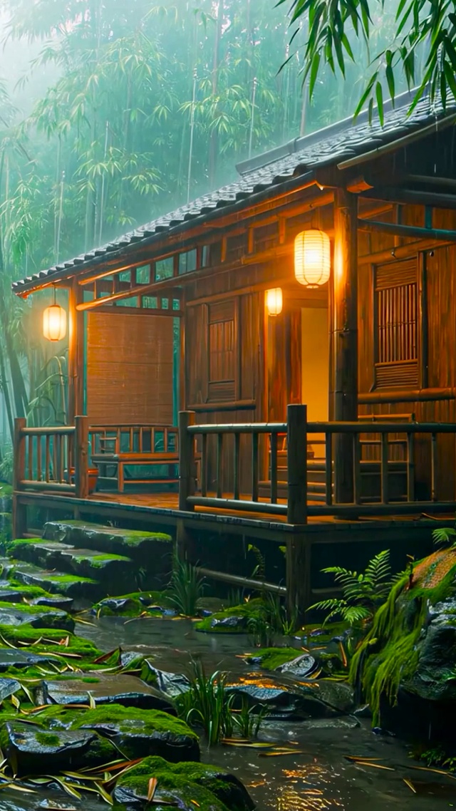 幽静竹林木屋