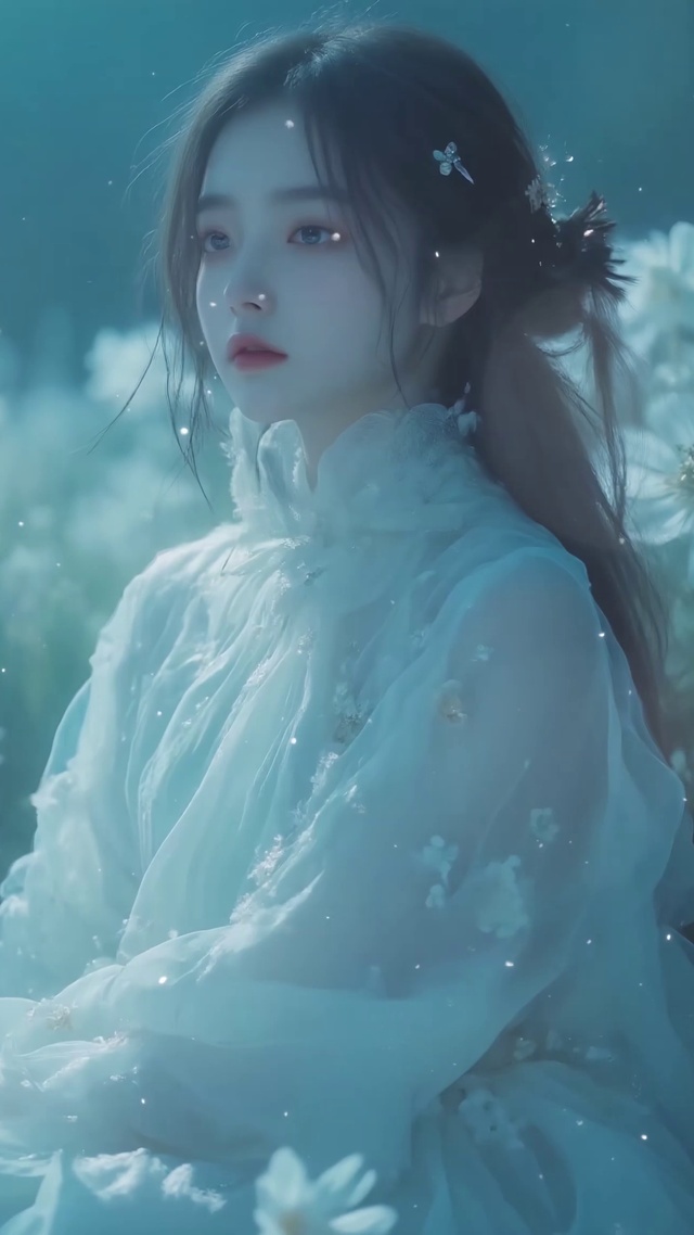 夜晚花海中的美女