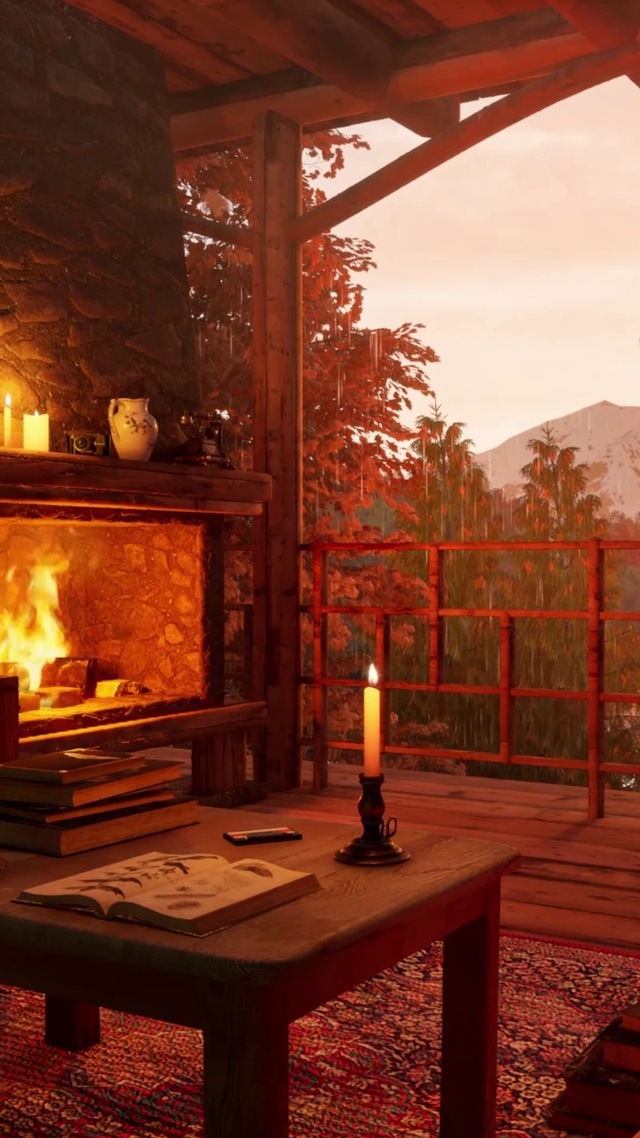 雨天湖边落叶木屋