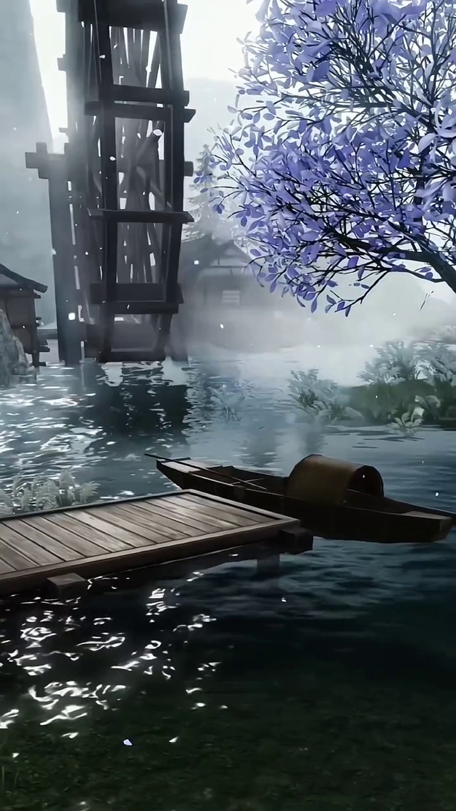 春天 湖泊和水车 