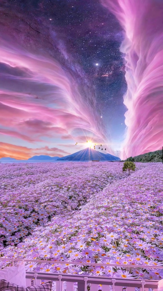 浪漫极光下的花海