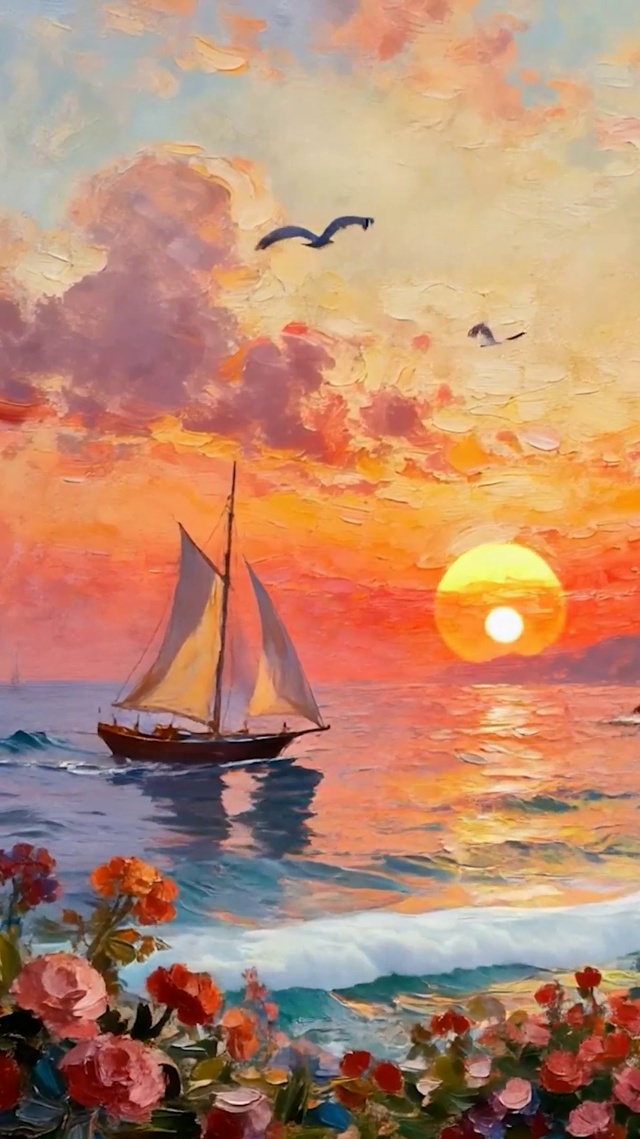 夕阳海景树木海鸥