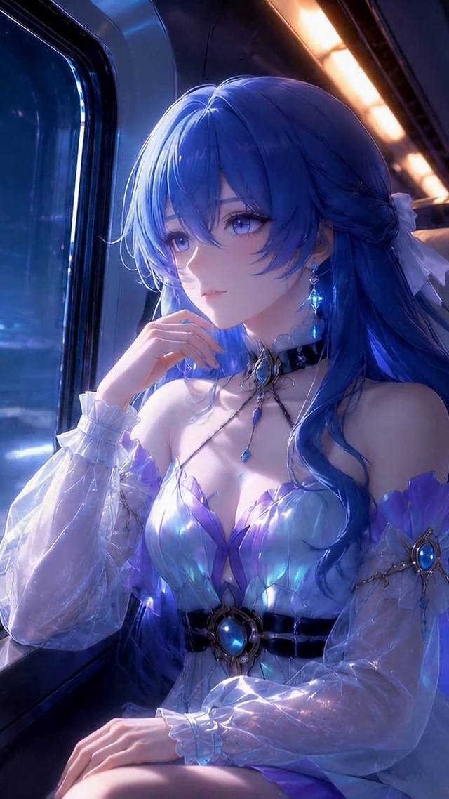 夜晚列车上的蓝发美少女