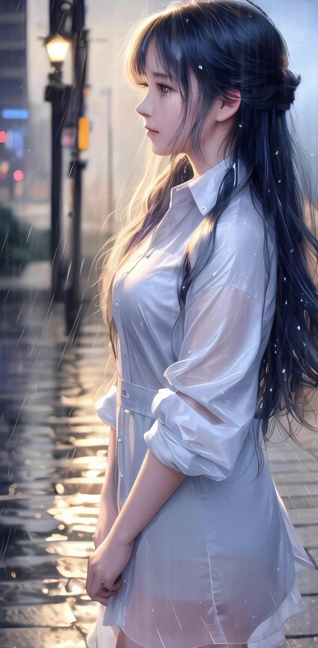 淋雨的清纯少女