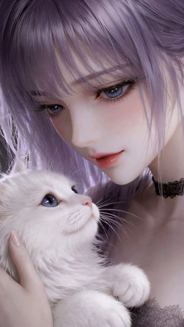 紫发少女与可爱白猫