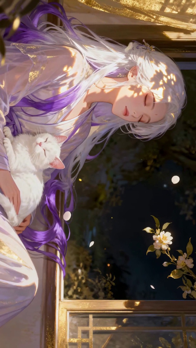 花影窗边白发少女和猫