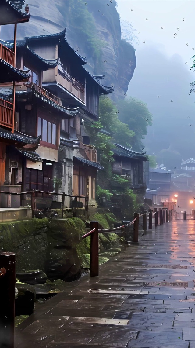 古风雨天树木房屋