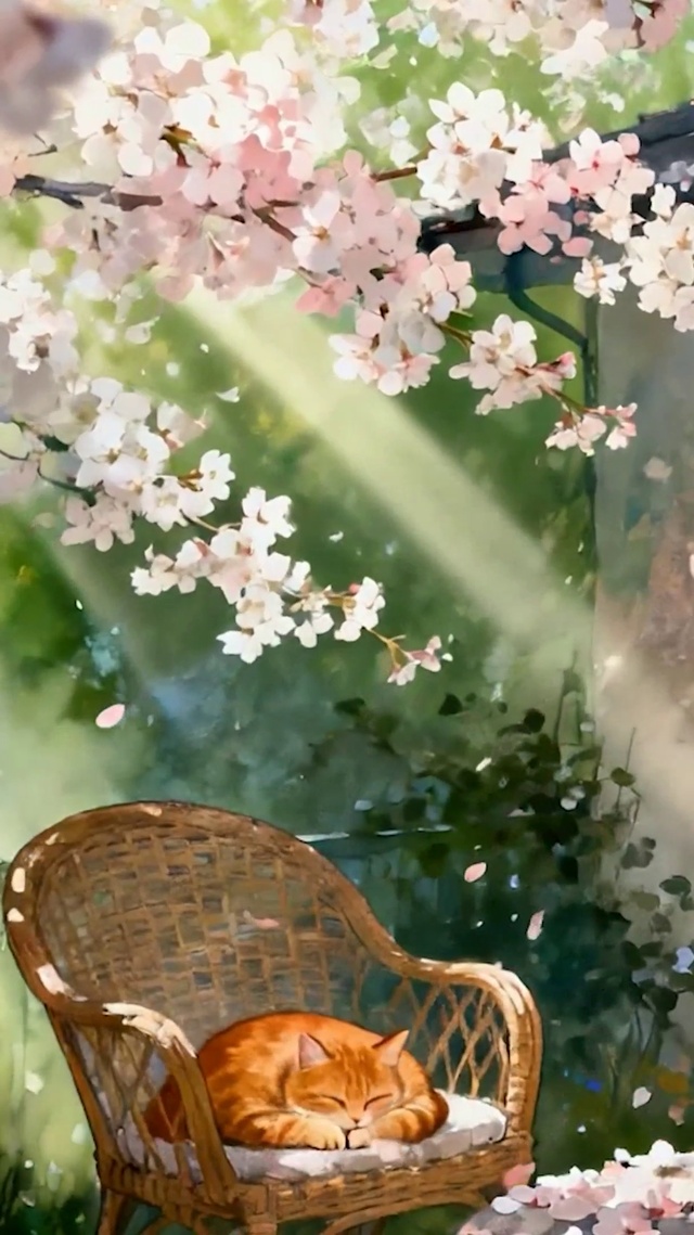 樱花树下睡着猫咪