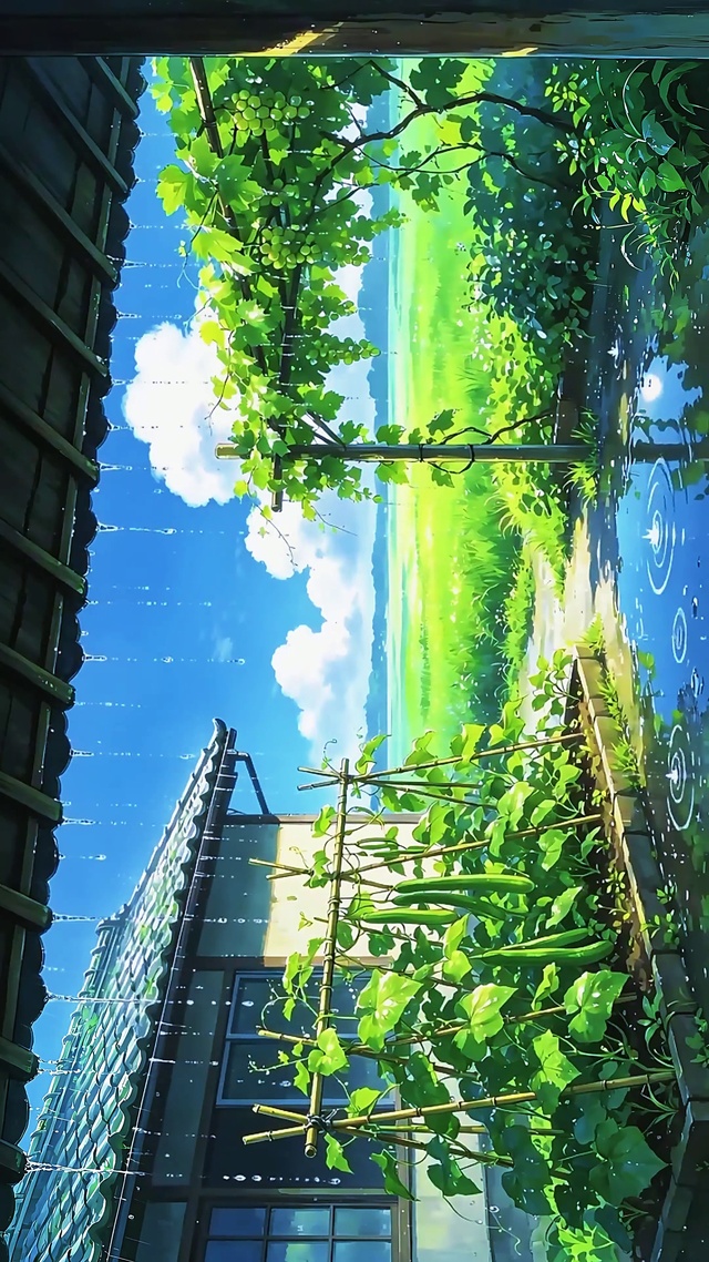 后院雨中的葡萄架和丝瓜架