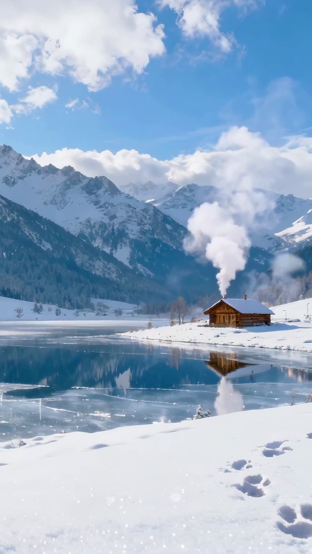雪山湖畔冬景