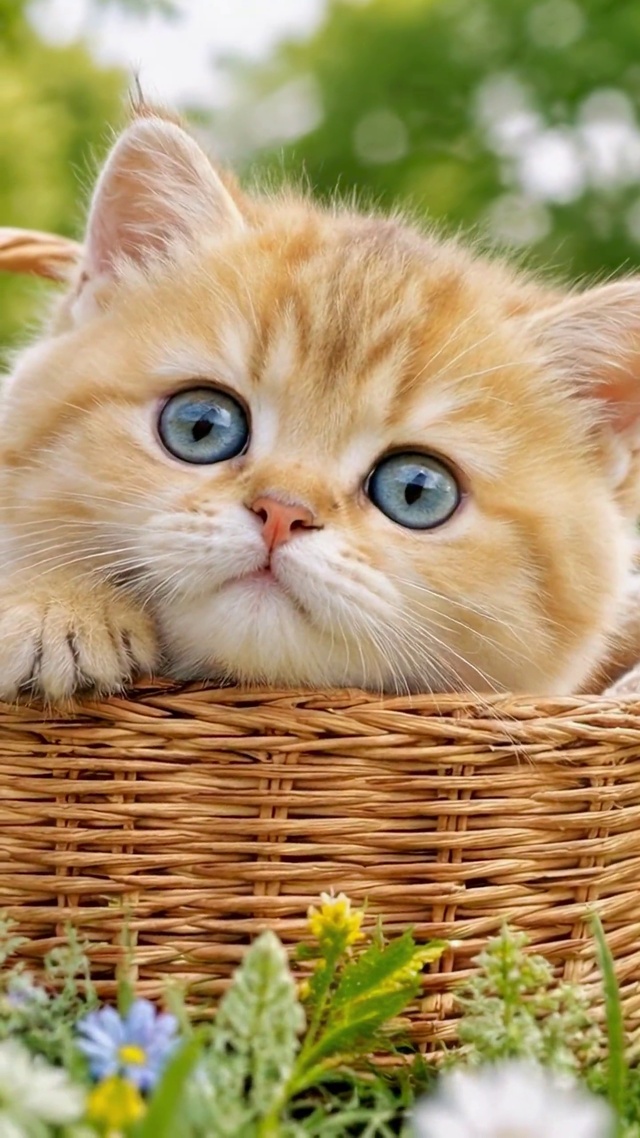 春日花篮里的小橘猫