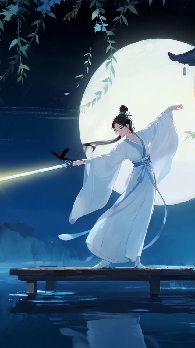 月夜水榭持剑古风女孩