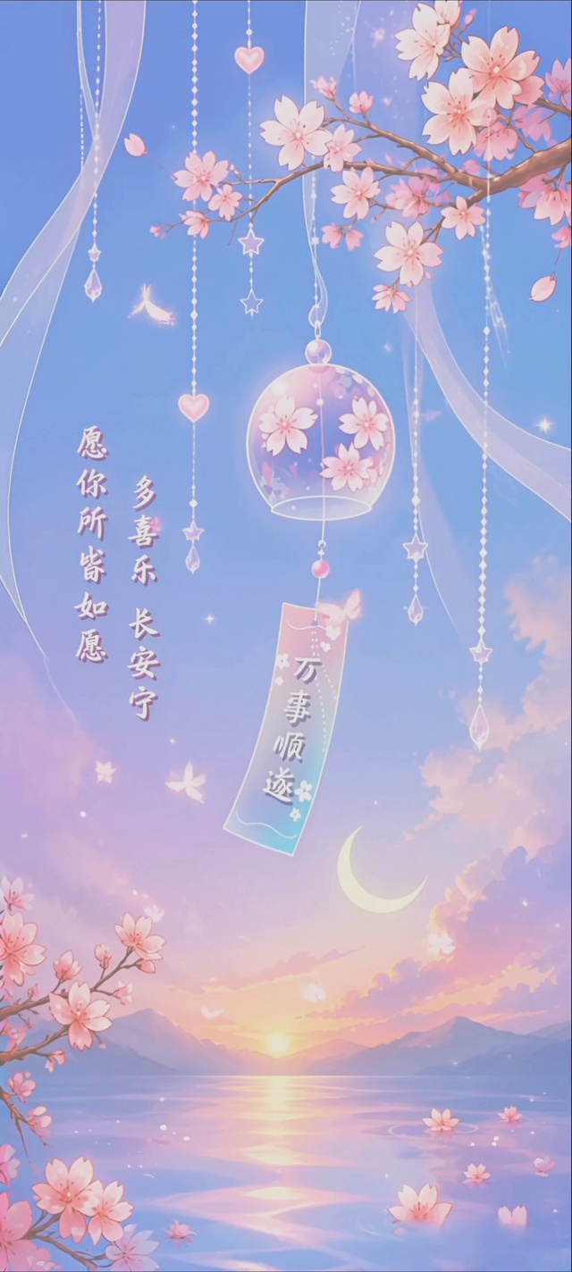 柔和梦幻樱花湖畔粉蓝色