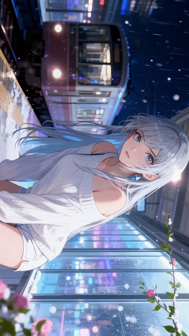 雨夜站台银发二次元美少女