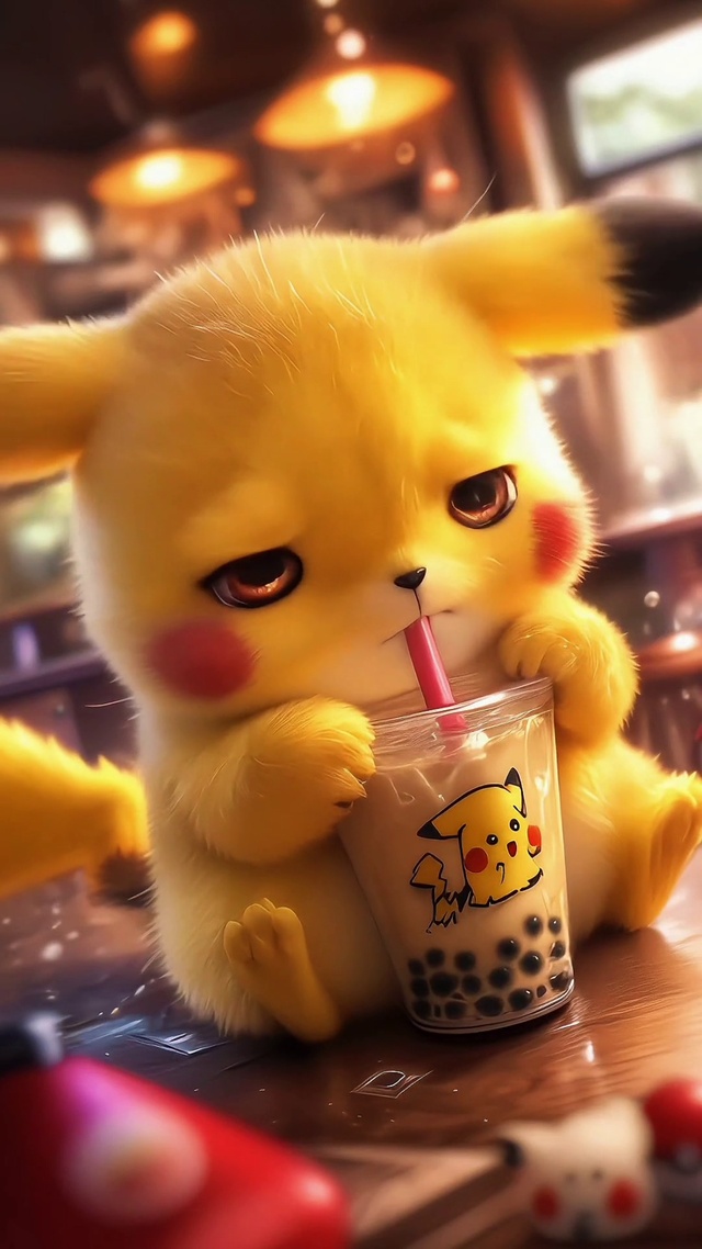 可爱喝奶茶4K高清皮卡丘