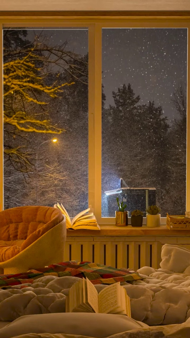 温馨的冬日雪夜卧室