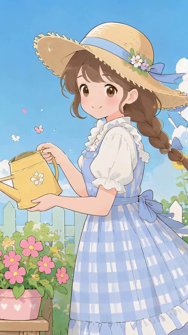 清新田园浇花少女