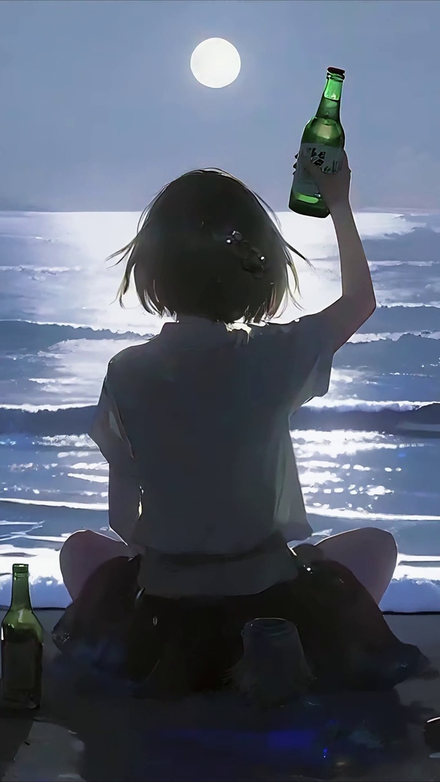 与海干杯的少女