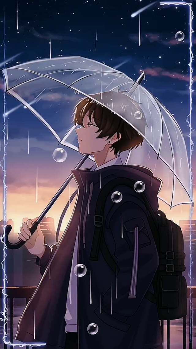 夕阳雨中漫步少年