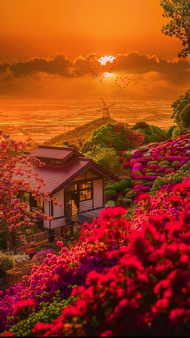 治愈晚霞花海