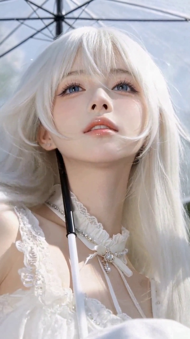 白玫瑰丛中的清纯白发美少女