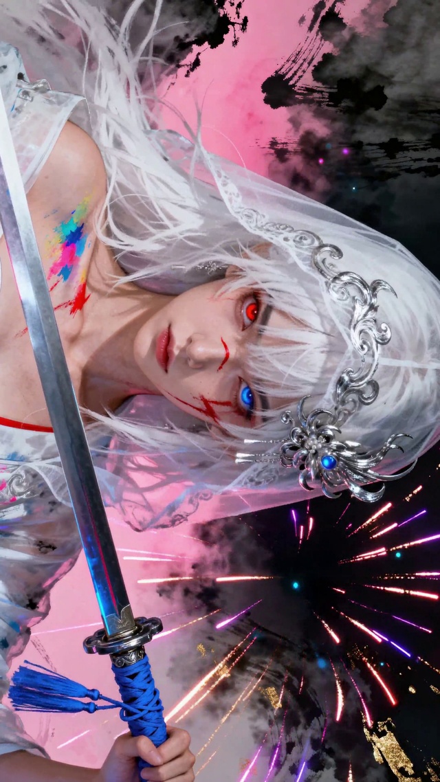 异瞳银发剑姬烟花下奇幻战斗美学