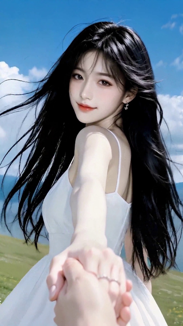 湖畔白衣长发清纯美女
