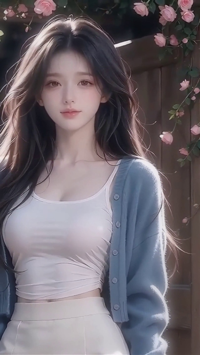 小院蔷薇花前的少女
