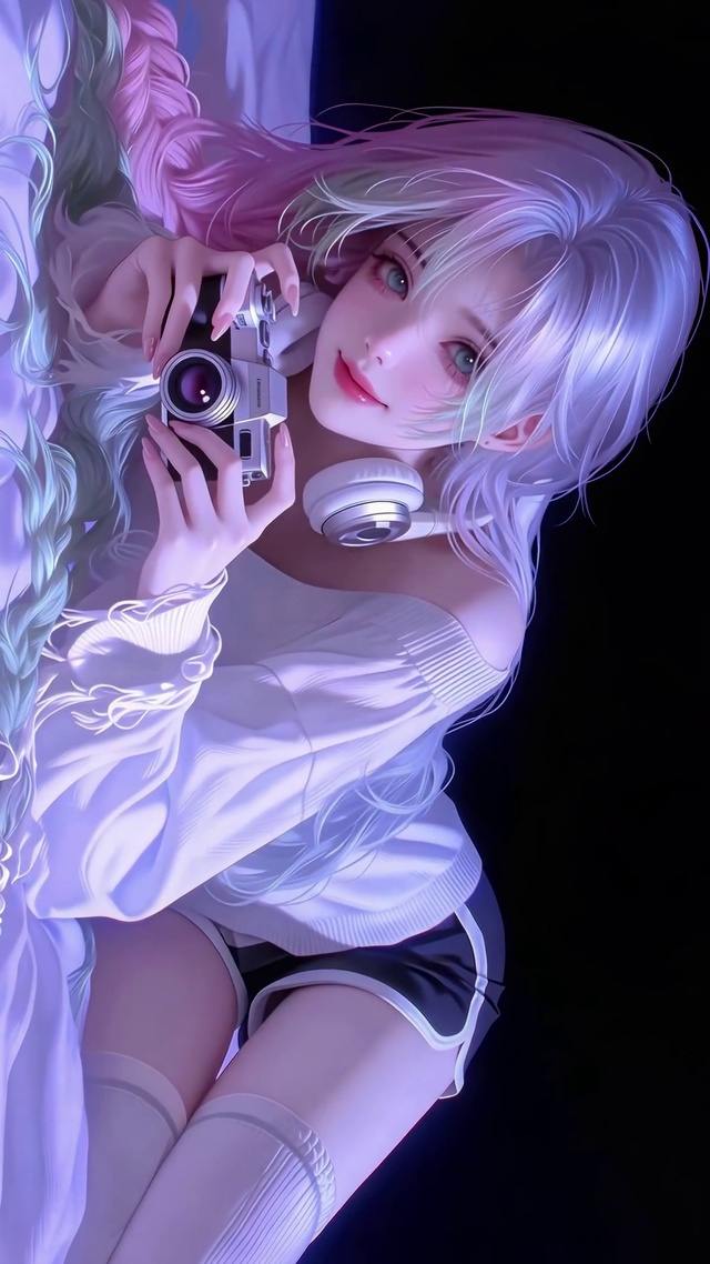 紫调光影的复古相机美人