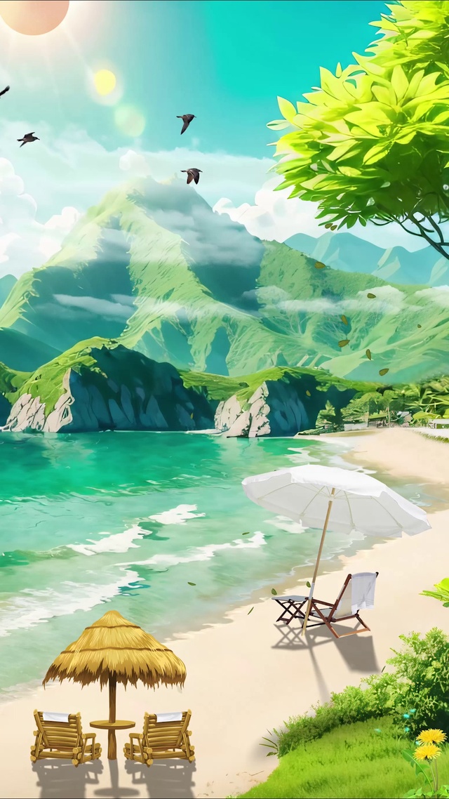 夏日唯美绿色大海沙滩