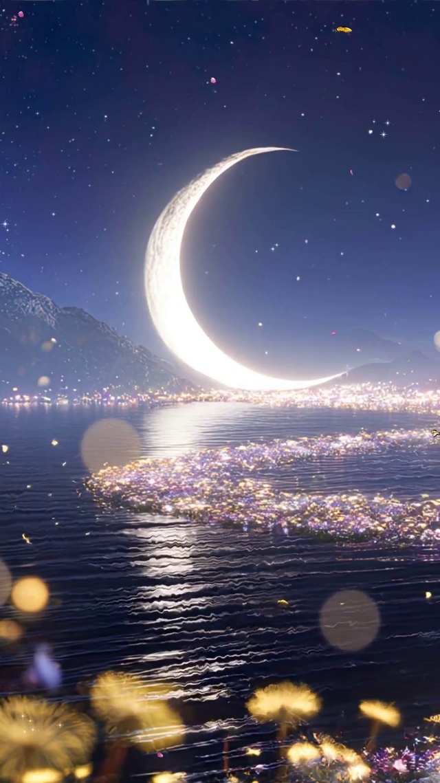 夜景树木河流夜色