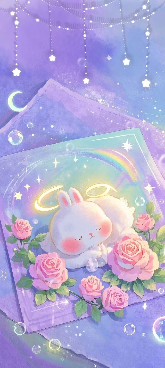 粉紫玫瑰萌兔泡泡闪烁星光洒落
