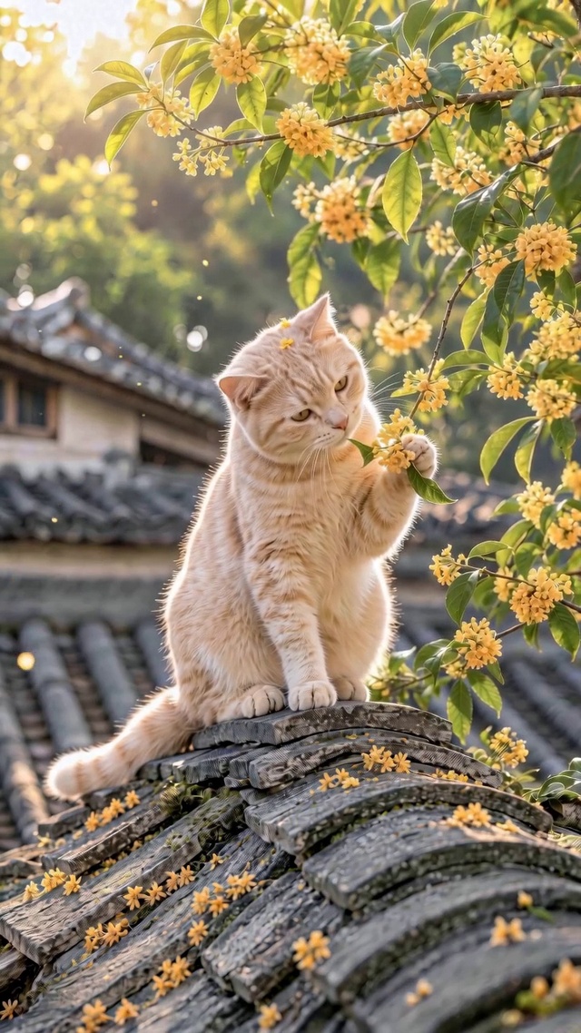 瓦顶猫戏桂花