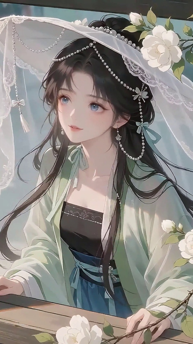 栀子花窗帷帽古风少女