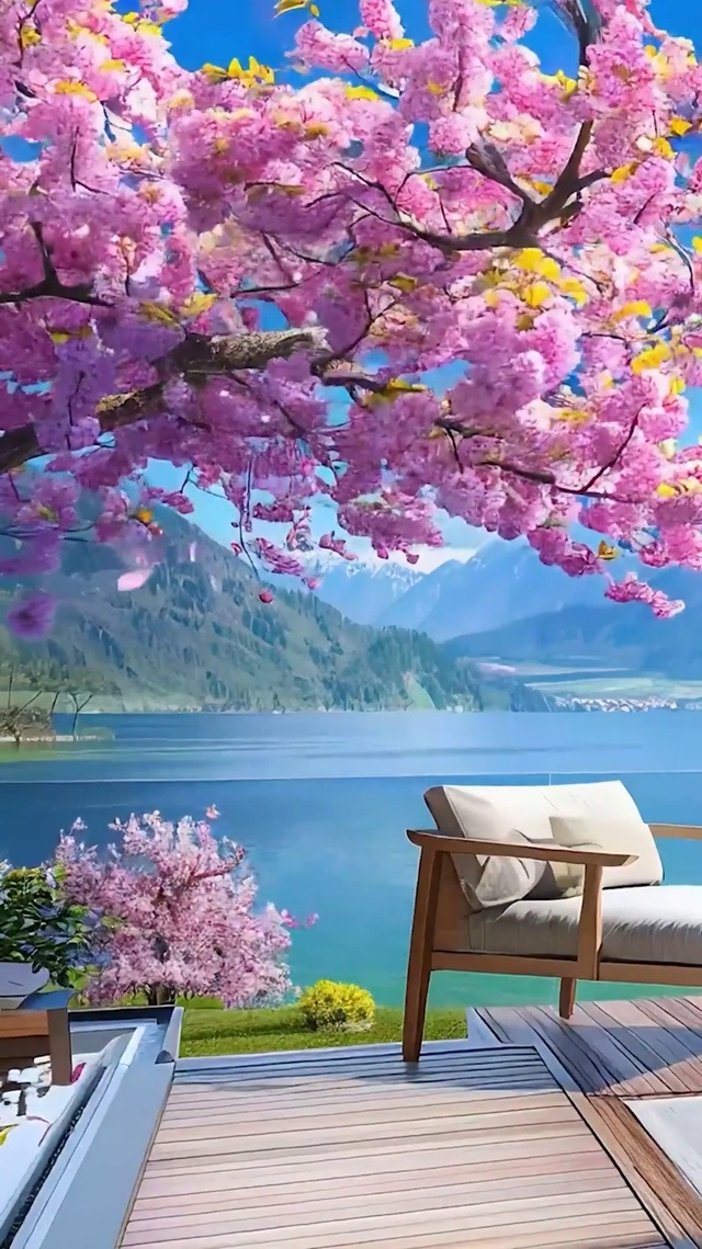 蓝天白云樱花树木海景