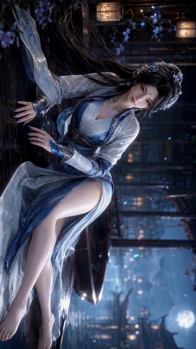 月夜江边古风汉服美女