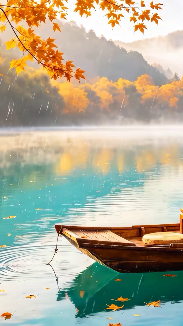 山水湖畔小船雨景