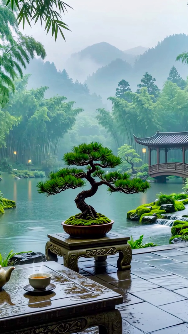园林竹林雨景