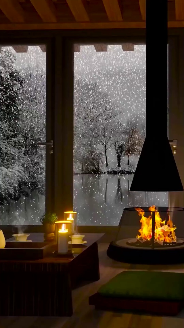 大雪天温暖的壁炉房间