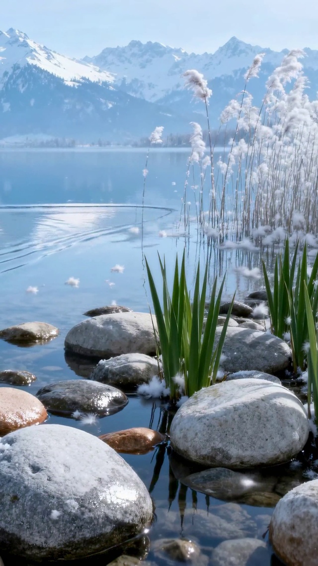 静谧雪山湖畔唯美风景