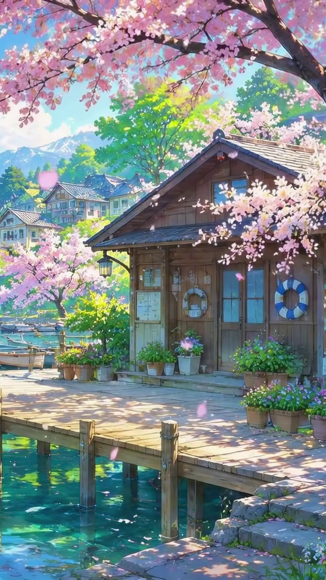 樱花湖畔的春日木屋
