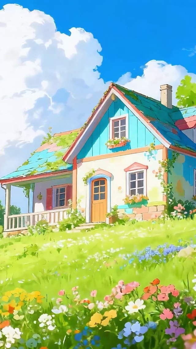白云花草树木房屋